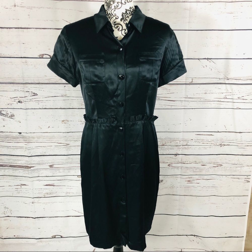 Steve Madden Silk Button Up Dress Ruffle Flower Buttons Black 8